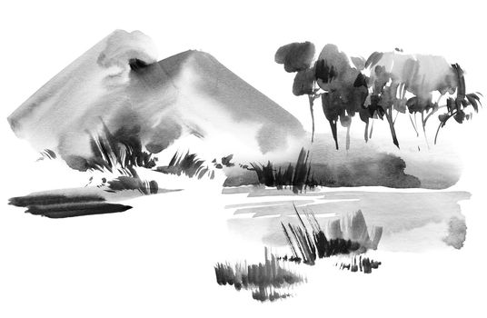 Ink painting of landscape with trees, grass and mountains. Oriental traditional painting in style sumi-e.