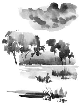Ink painting of landscape with trees, grass and cloudy sky. Oriental traditional painting in style sumi-e.