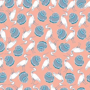 Nautical theme seamless pattern with storks and seashells on nude background. Illustration. Great for clothing, home decoration, accessories, stationary and surface patterns.