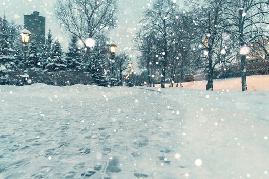 snow-covered alley in the alexandrovsky garden on a winter night in the center of moscow. Heavy snow, poor visibility