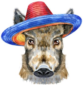 Cute piggy in sombrero hat. Wild boar for T-shirt graphics. Watercolor brown boar illustration