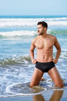 Handsome male with muscular naked torso and in swimming trunks standing on knees in sea water on beach and looking away