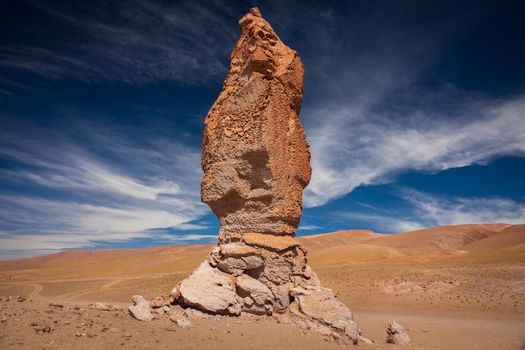 Pacana Monk stone rock wide angle closeup view in Los Flamencos National Reserve, Atacama, Chile