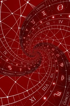 Astrological background with zodiac signs and symbol - red