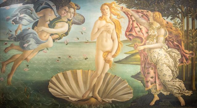 Florence, Italy - circa July 2021. Alessandro Botticelli - The Birth of Venus, 1485. Renaissance art in Uffizi Museum