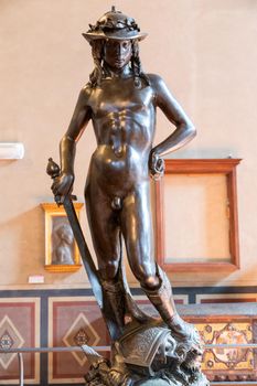 Florence, Italy - Circa July 2021: David by Donatello - 1469. Italian Renaissance art. The first nude statue made since antiquity and Donatello's masterpiece.