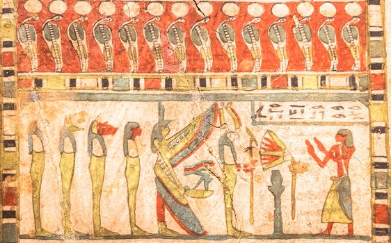 TURIN, ITALY - CIRCA MAY 2021: Egyptian archaeology. Ancient hieroglyphyc,  ca. 580 BC, with Isis and the four sons of Horus