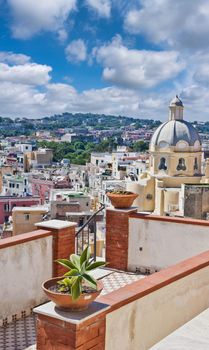 PROCIDA, ITALY - CIRCA AUGUST 2020: panoramic view of the mediterranean Italian island close to Naples in a summer day.