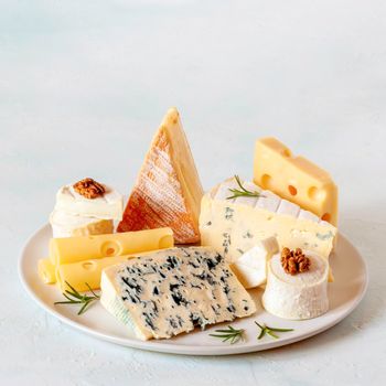 cheese plate with different types of french cheese, square frame