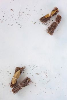 french speciality bouquet garni made with dry herbs, top view, copy space