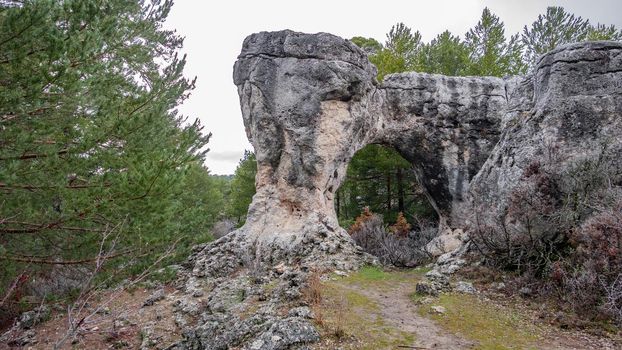 Wide angle view of hole in karstic formations in the Majadas park, Cuenca, Spain