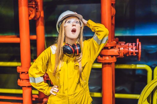Young woman in a yellow work uniform, glasses and helmet in industrial environment,oil Platform or liquefied gas plant.