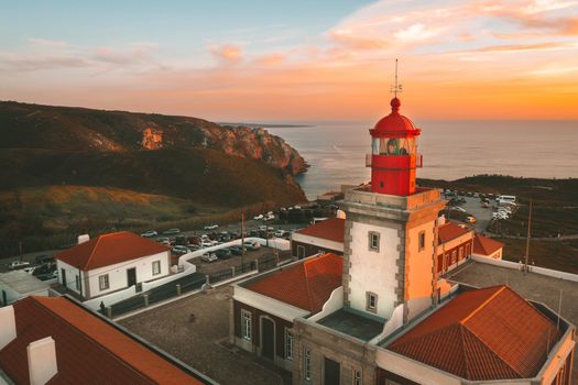 Aerial view of lighthouse in Cabo da Roca, Portugal. The westernmost point of continental Europe. High quality photo