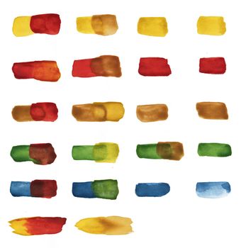 Illustration of Set of Brush Strokes and Stains of Multicolored Watercolor of Various Sizes and Shapes on White Background.