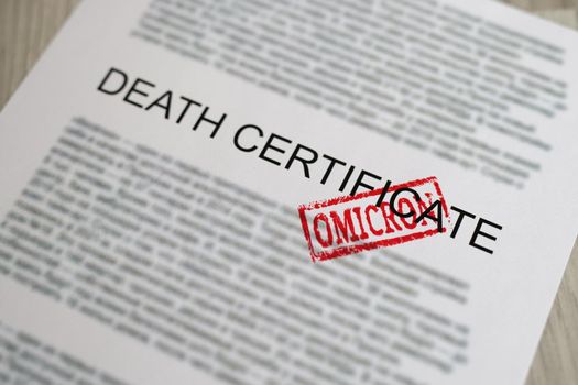 Red omicron seal standing on death certificate document closeup. Population mortality during covid19 pandemic concept