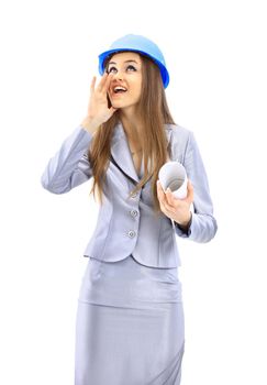 The beautiful business woman the engineer on a white background