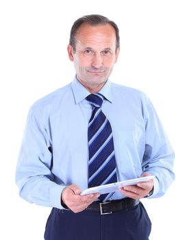 Handsome smiling man with tablet computer. Isolated over white background