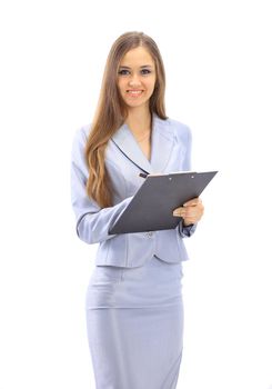 The beautiful business woman writes on a white background