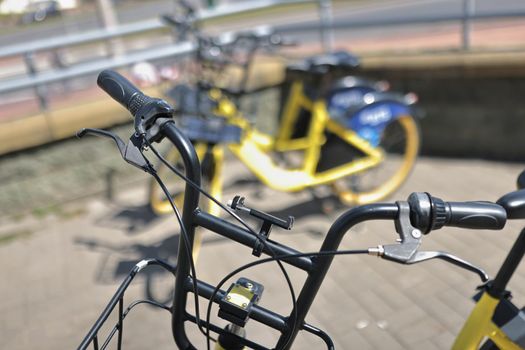 Close-up of rent bikes using code, city station with vehicle, take for street ride. Bicycle travel, sparetime, physical activity, transport, trip concept