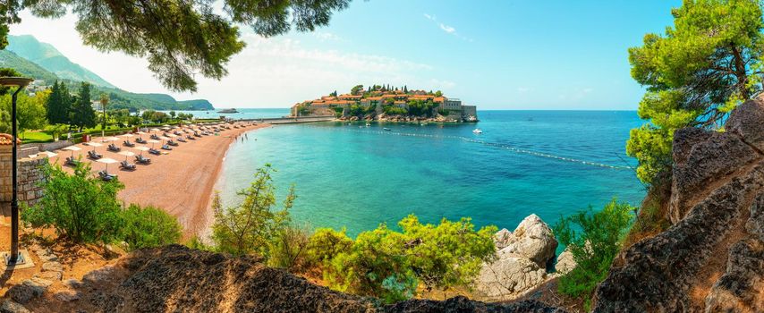 Panorama of the beach and the island of Sveti Stefan