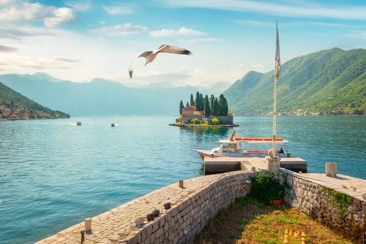 Beautiful mediterranean landscape. George Island near town Perast, Kotor bay, Montenegro