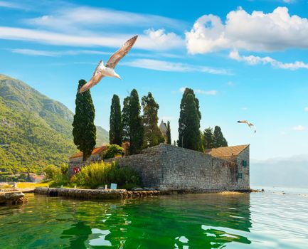 Beautiful mediterranean landscape. St. George Island near town Perast, Kotor bay, Montenegro