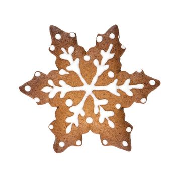 Gingerbread cookie in snowflake shape isolated on white background.