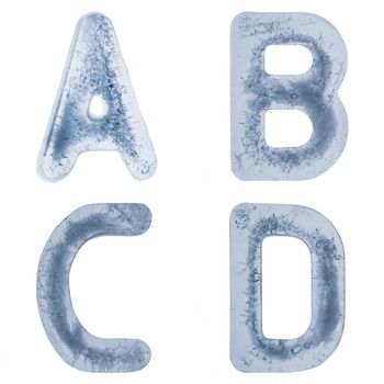 Letters A,B,C and D from an alphabet made out of ice.