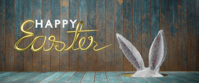 3d illustration. Easter concept. Bunny looking from a hole ,copy space for text . Web banner format