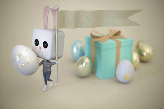 3d illustration. Easter bunny Rabbit holding flag and egg . Easter concept. copy space for text