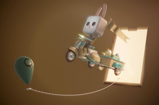 3d illustration. Easter bunny Rabbit riding a scooter . Concept Easter delivery concept.