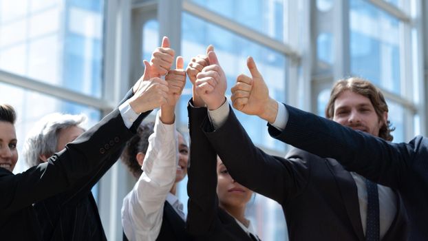 Successful young business people showing thumbs up sign in office