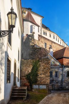 Old town view of narrow aisle in city Jindrichuv Hradec, a town in the Czech Republic in the region South Bohemia. The old town view.