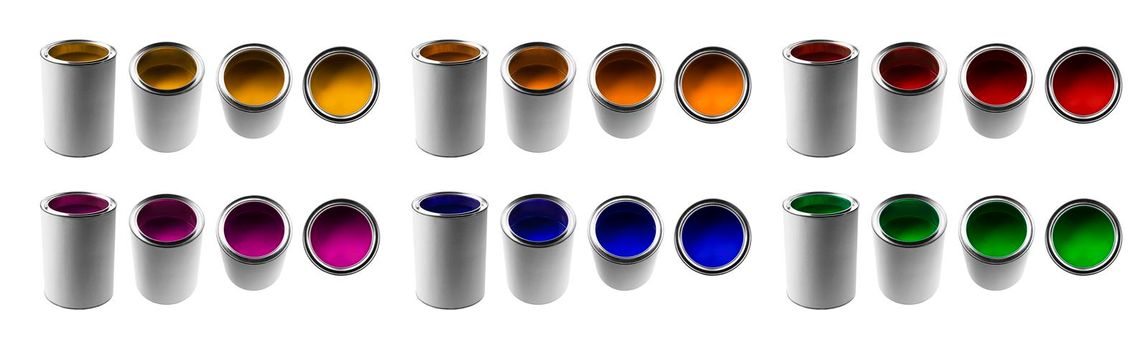 Cans with different colors of paints in different angles on a white background.