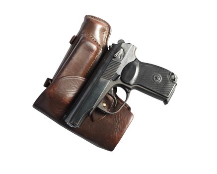 Handgun and holster isolated on white background with clipping path