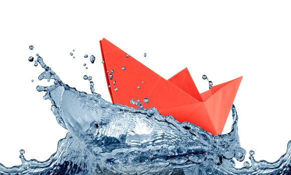Shipwreck concept. Red paper boat among big waves against white background
