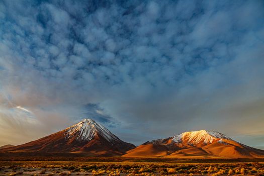Super spectacular sunset time at Licancabur 6000m volcano in Atacama, Chile
