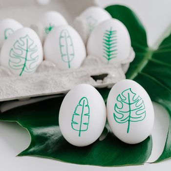 Drawings eggs with tropical leaves. Tropical easter eggs concept. Green monstera plants and tropical palm leaves painted on egg shell. Easter holiday drawings on egg shell idea