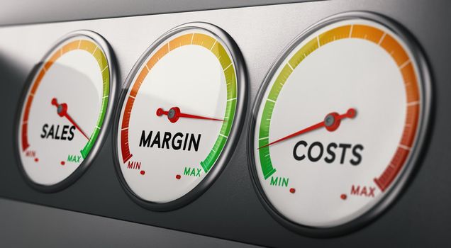 3d illustration of sales, margin and costs gauges.  Concept of profitability analysis. Financial metrics.