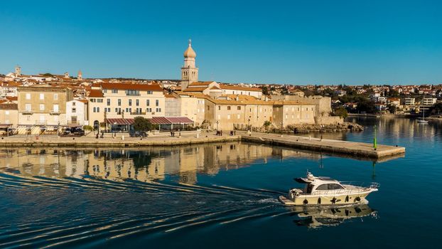 Aerial view of historic Adriatic town of Krk , Island of Krk, Kvarner bay of Adriatic sea, Croatia, Europe.