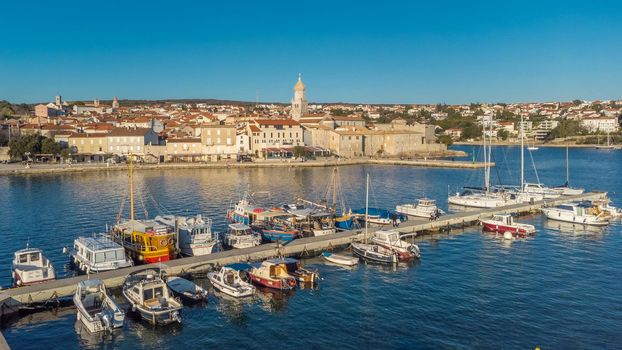 Aerial view of historic Adriatic town of Krk , Island of Krk, Kvarner bay of Adriatic sea, Croatia, Europe.