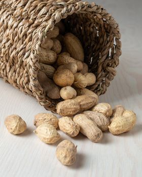 Shelled peanuts in a small wicker basket on a white background. Peanuts full from a wicker basket. Peanuts spill out of a wicker basket. photo