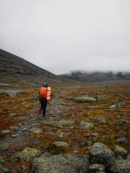 Hiker woman walking in a mountain rocky path. photo