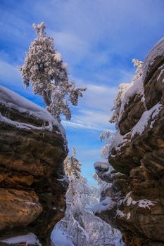 Beautiful bizarre rocks in the famouse place Stone city in the Perm region, Middle Ural mountains, Russia