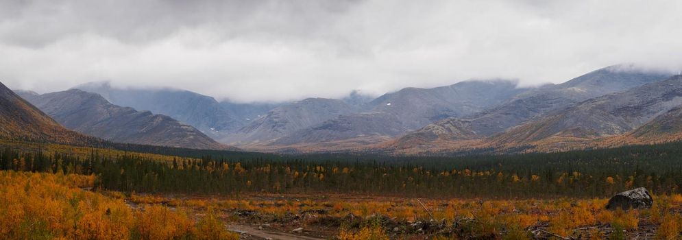 Autumn colorful tundra on the background mountain peaks in cloudy weather. Mountain landscape in Kola Peninsula, Arctic, Khibiny Mountains. photo