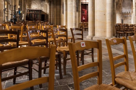 A church with empty seats during the coronavirus pandemic Covid-19.