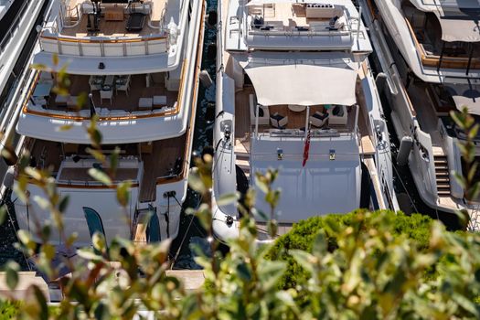 A few of huge moored yachts are in port Hercule of Monaco at sunny day, Monte Carlo, interiors of motor boat, chilling zone of megayachts, view through green branches of trees, sun reflections. High quality photo