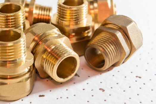 various Brass and metal fittings for plumbing.