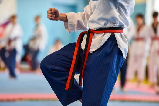 Taekwondo kids athlete. Performing an exercise during a children's taekwondo tournament.