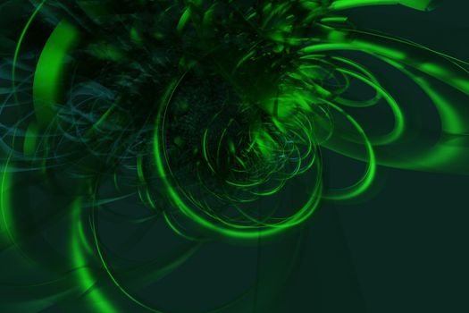 Abstract green 3d illustration - geometric background with waves, spirals and transparency effects